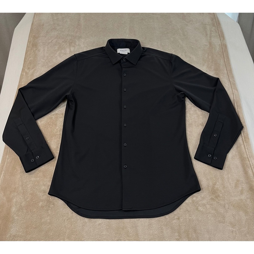 Ministry of Supply Apollo Dress Shirt Mens L Slim Black Outlast Long Sleeve